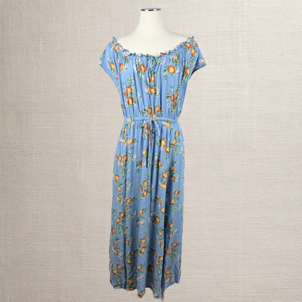 Torrid Midi Dress‎ 2 Blue Orange Fruit Flower Blossom Cottagecore Milkmaid Boho